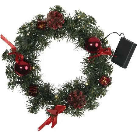 Венок еловый DECORAGE, диаметр 30 см, 10 LED ламп, на батарейках, зелёная хвоя, красные украшения 60 Венок еловый DECORAGE, диаметр 30 см, 10 LED ламп, на батарейках, зелёная хвоя, красные украшения 60