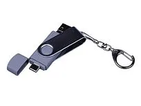 USB-флешка на 32 Гб поворотный механизм, c двумя дополнительными разъемами MicroUSB и TypeC, серебро