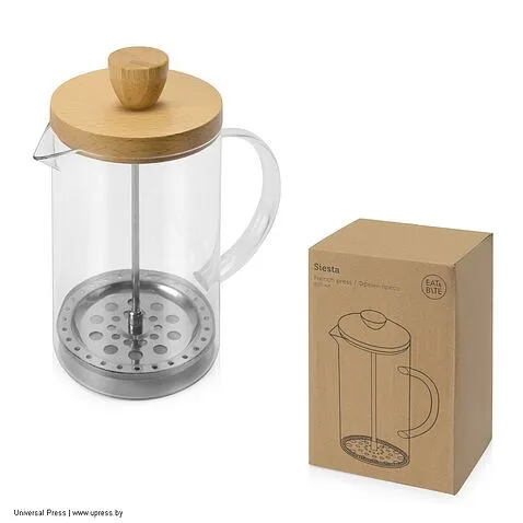 Элегантный френч-пресс из боросиликатного стекла с крышкой из букового дерева, натуральный