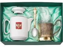 Чайный набор с подстаканником и фарфоровым чайником ЭГОИСТ-Л, золотистый/белый