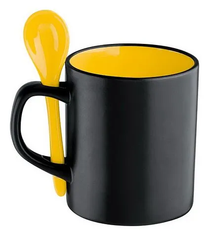 Кружка керамическая 300 мл с ложечкой, черный, желтый Кружка керамическая 300 мл с ложечкой, черный, желтый