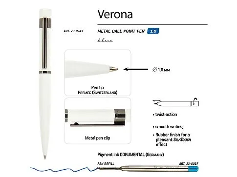 Ручка Verona шариковая автоматическая, белый металлический корпус, 1.0 мм, синяя
