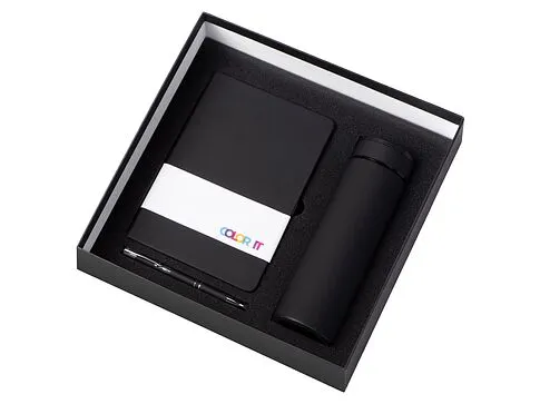 Подарочный набор с блокнотом С1, металлической ручкой и термосом, черный