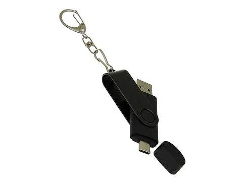USB-флешка на 32 Гб 2 в 1 поворотный механизм, c дополнительным разъемом Type-C с одноцветным металлическим клипом, черный