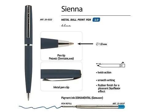 Ручка Sienna шариковая  автоматическая, синий металлический корпус soft-touch, 1.0 мм, синяя