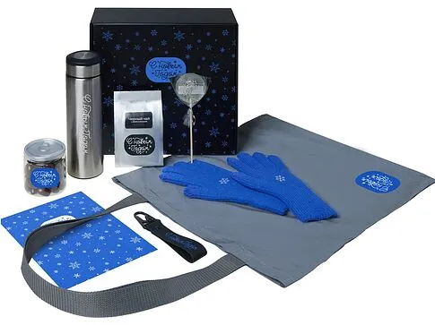 Подарочный набор с перчатками, термосом и чаем, синий