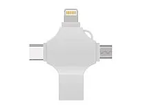 USB-флешка на 32 Гб 4 в 1 поворотный механизм, c дополнительными разъемами MicroUSB, TypeC и Lightning, серебристый