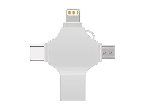 USB-флешка на 64 Гб 4 в 1 поворотный механизм, c дополнительными разъемами MicroUSB, TypeC и Lightning, серебристый