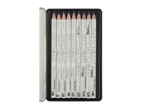 Набор чернографитовых карандашей  Sketch & Art  утолщенные,9 шт. hb-14b,  металлическая коробка с ложементом