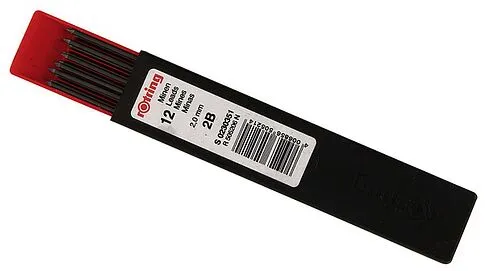 Грифели чернографитные Rotring. 2B, 2 mm, 12 шт. в пенале, S0230351