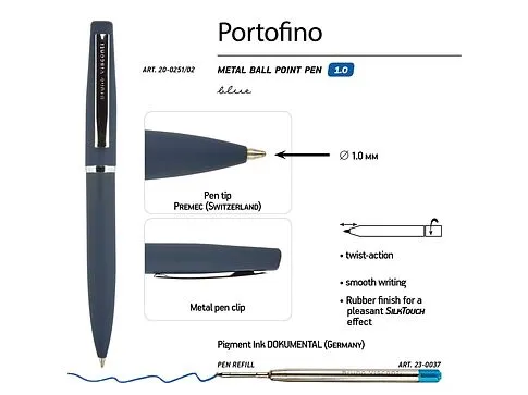 Ручка металлическая шариковая Portofino, софт-тач, 1.0 мм, синий