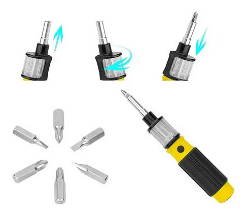 Отвертка с шестью насадками в комплекте, желтый Отвертка с шестью насадками в комплекте, желтый