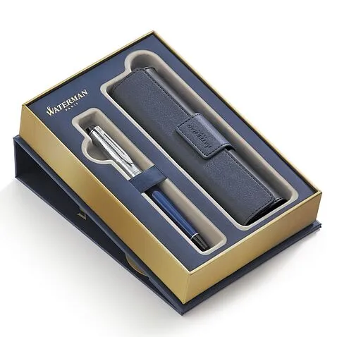 Подарочный набор WATERMAN, состоящий яркой перьевой ручки Wateman Expert 3 DeLuxe Blue Obsession CT и чехла для ручки из качественной экокожи на магнитном замке