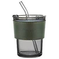 Стакан стеклянный с трубочкой и капхолдером Karamel, зелёный