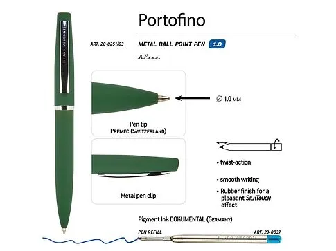 Ручка металлическая шариковая Portofino, софт-тач, 1.0 мм, зеленый