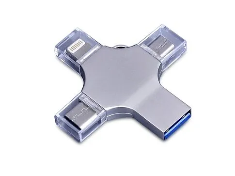 USB-флешка на 64 Гб 4 в 1 поворотный механизм, c дополнительными разъемами MicroUSB, TypeC и Lightning, серебристый